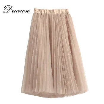 Dreawse Spring Women Solid Color Mesh Skirts High Waist Pleated Mesh Tutu Skirt Knee Length Elastic Waist Femme Skirt MZ2599 
Dreawse Spring Women Solid Color Mesh Skirts High Waist Pleated Mesh Tutu Skirt Knee Length Elastic Waist Femme Skirt MZ2599