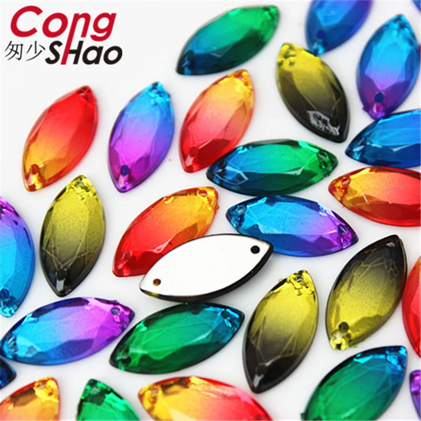 

Cong Shao 100pcs 9*18mm Horse eye Dual color stones and crystals Acrylic rhinestone flatback sewing 2 Hole costume Button CS565