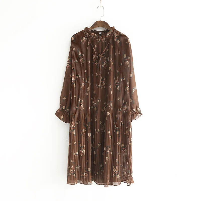 Daily Apparel 2019 Fashion Spring Long Sleeve Casual Ruffle Collar Floral Print Mori Girl Pleated Chiffon Midi Dress for Women | Женская