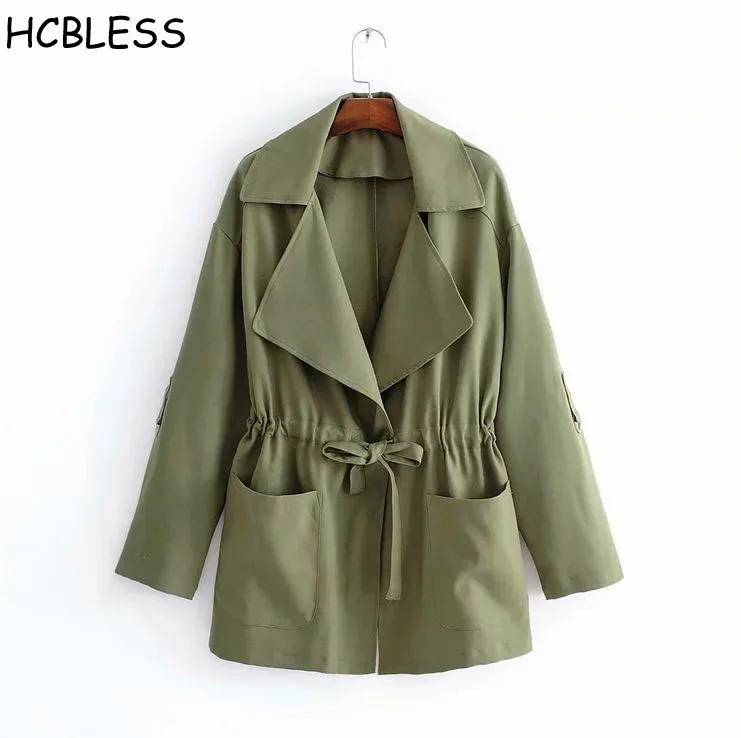 HCBLESS 2018 autumn new women's drawstring waist double pocket long trench coat wild ladies | Женская одежда