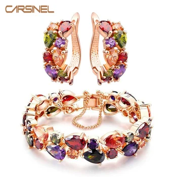 CARSINEL Trendy Shining Colorful Jewelry Sets CZ Zirconia Bracelet&Earrings Rose Gold-color Jewelry Sets for Bridal Wedding
CARSINEL Trendy Shining Colorful Jewelry Sets CZ Zirconia Bracelet&Earrings Rose Gold-color Jewelry Sets for Bridal Wedding