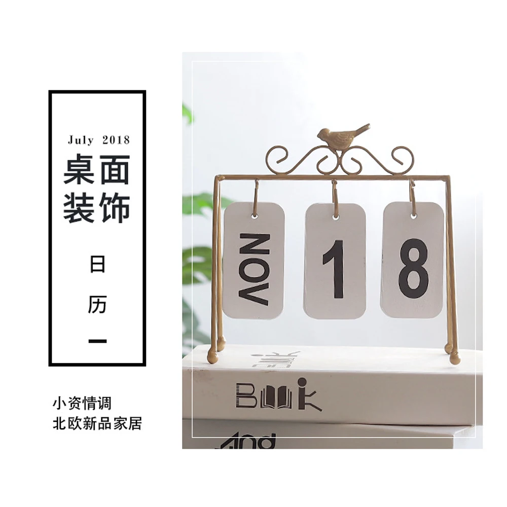 Personality Diy Bird Wrought Iron Flip Calendar Home Decoration Desk Decor F8S5