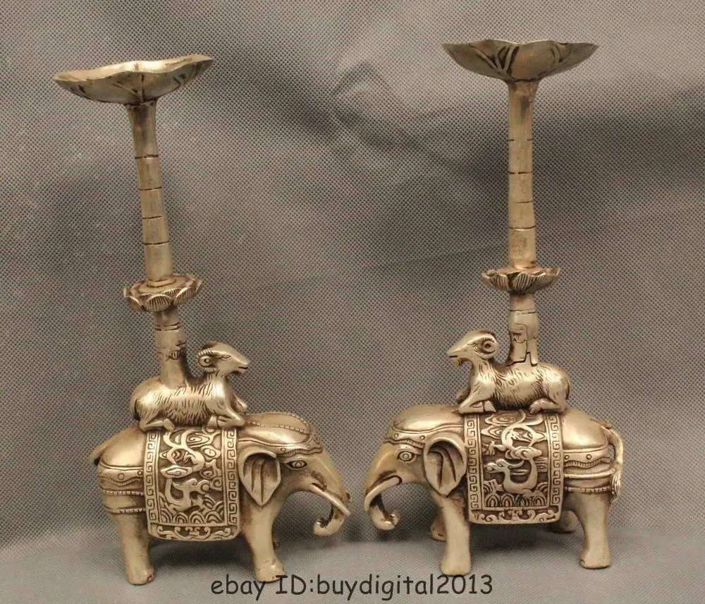 DS China Chinese Silver Elephant Sheep Goat Candle Holder Candlestick Statue Pair