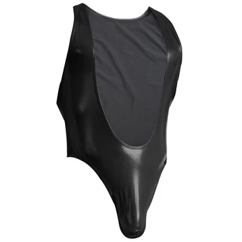 Mens Sexy Lingerie Underwear High Cut Thong Bodysuit One-piece Faux Leather Wet Look Men Thong Gay Jumpsuit Night Club Wear