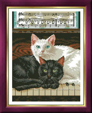 cs-2474 Cross Stitch Kit Fuzzy Kitten Kitty Cat Black White Cats Kittens on Piano Music dim 35269