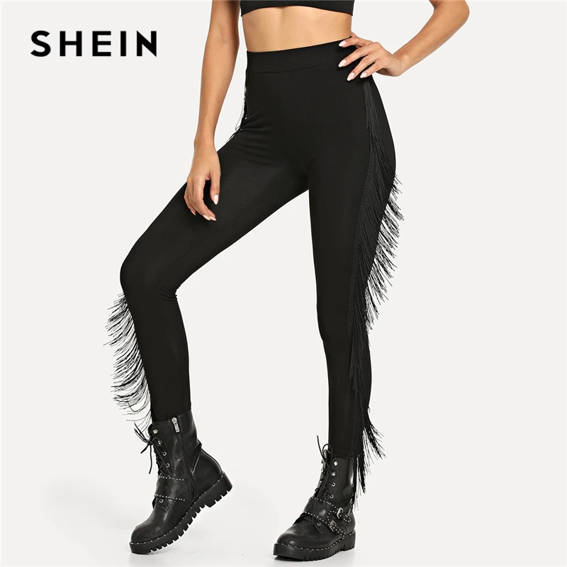 

SHEIN Black Highstreet Casual Tassel Fringe Embellished Solid Leggings 2018 Autumn Modern Lady Fashion Women Pants Trousers