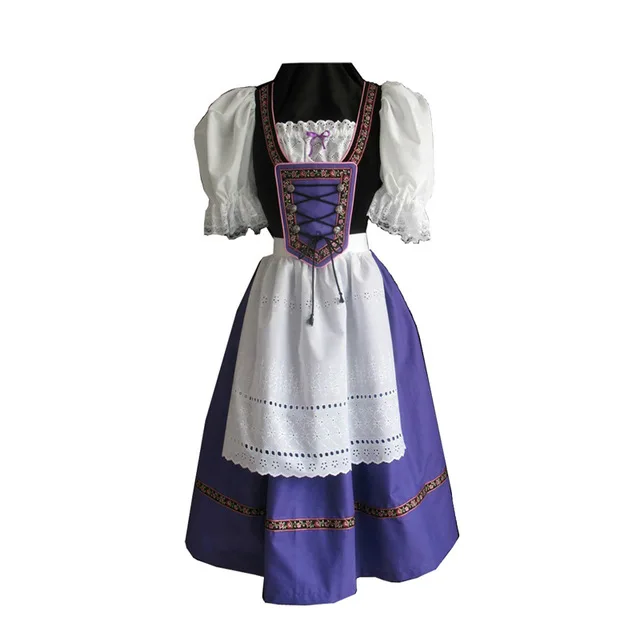 Sexy Vintage French Maid Service Uniform Purple Patchwork White Lace Apron Classic Beer Girls Dress for Women Role Play Costume |