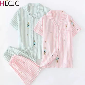 Summer Stripe Little Bear Short Pajama Sets Women Cute Pyjamas Short Sleeves 100% Gauze Cotton Thin Breathable Pijamas
Summer Stripe Little Bear Short Pajama Sets Women Cute Pyjamas Short Sleeves 100% Gauze Cotton Thin Breathable Pijamas