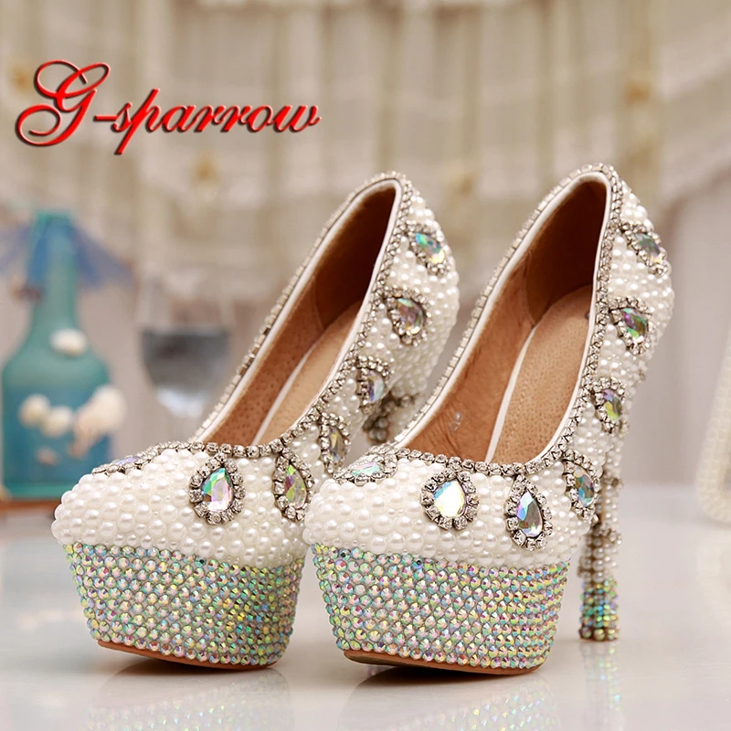 White Pearl Wedding Shoes with Sparkling AB Crystal Platforms Bridal Shoes 5" High Heel Homecoming Party Pumps Handicraft Shoes
White Pearl Wedding Shoes with Sparkling AB Crystal Platforms Bridal Shoes 5" High Heel Homecoming Party Pumps Handicraft Shoes