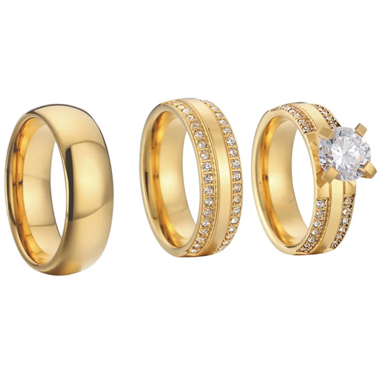 China wholesaler beautiful custom gold color 3 pieces titanium steel couples wedding band engagement rings sets anel (2)
