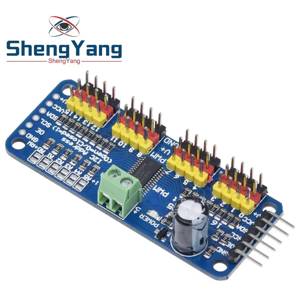 1pcs 16-Channel 12-bit PWM/Servo Driver - I2C interface - PCA9685 for Arduino Raspberry Pi DIY Servo Shield Module
1pcs 16-Channel 12-bit PWM/Servo Driver - I2C interface - PCA9685 for Arduino Raspberry Pi DIY Servo Shield Module