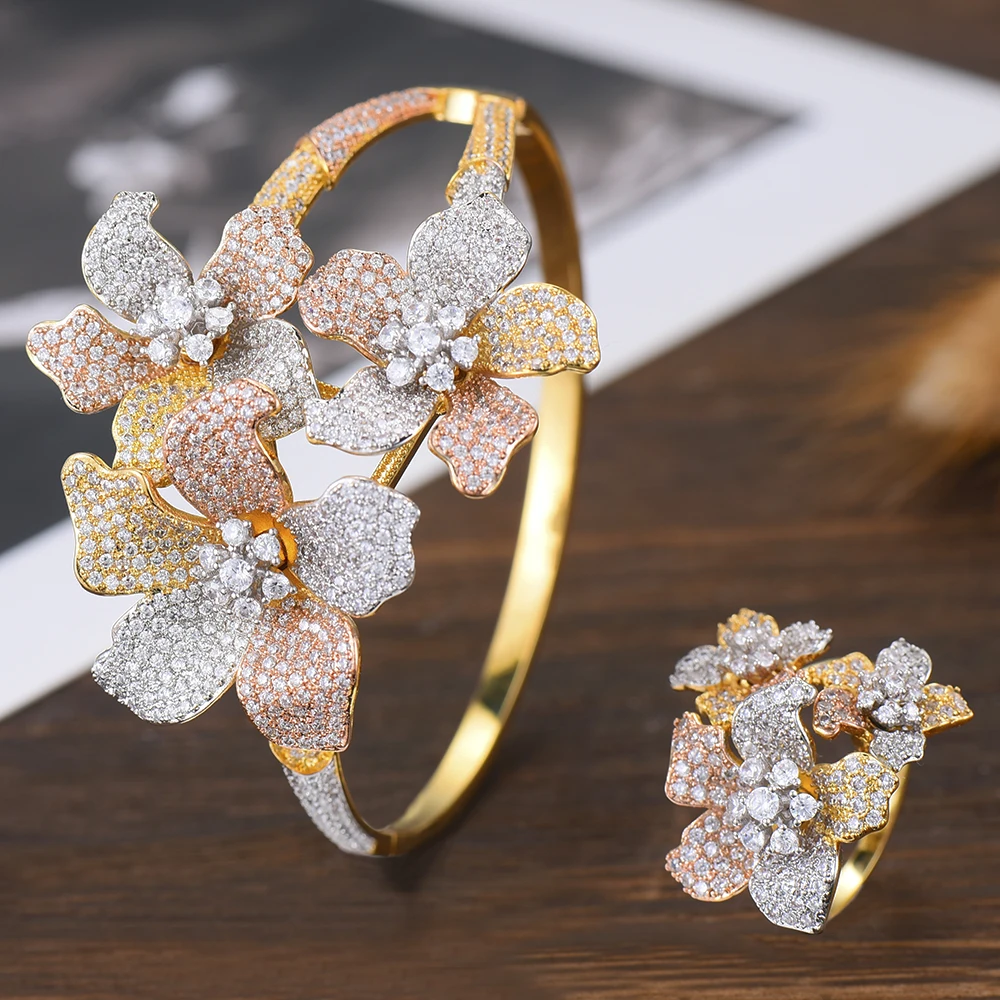 Фото GODKI Роскошные цветы браслет кольцо набор кубический циркон Кристальные