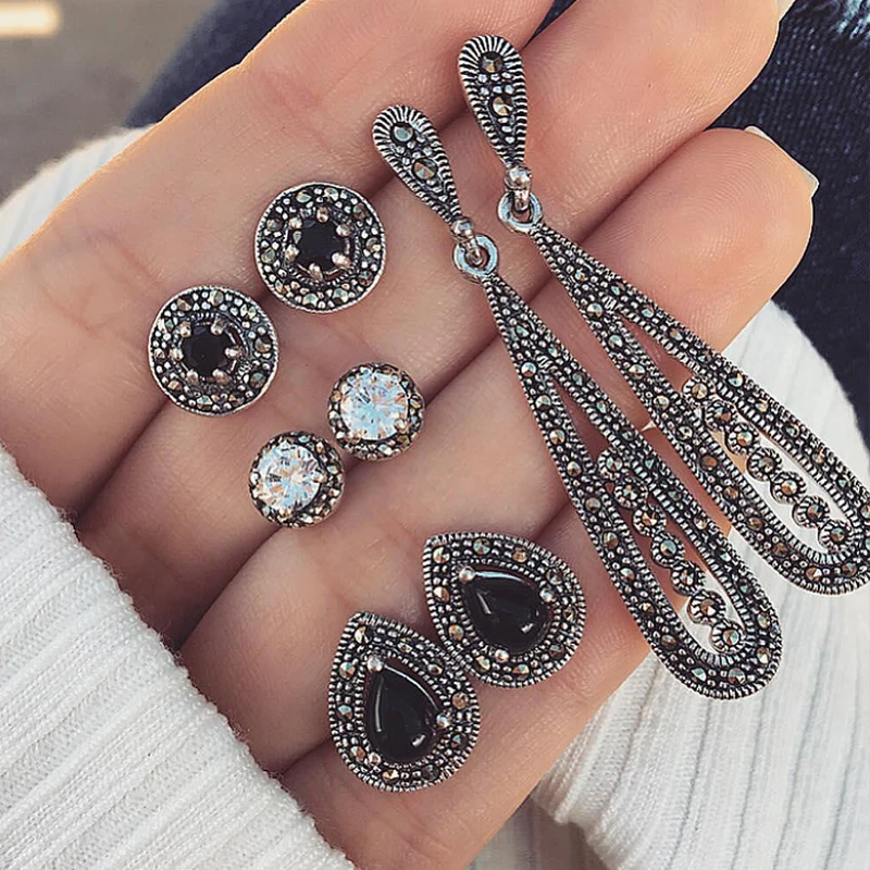 

4 Pair/set Bohemian Retro Personality Hollow Drop Gems Geometric Crystal Stud Earrings Set Women Charm Party Jewelry Accessories