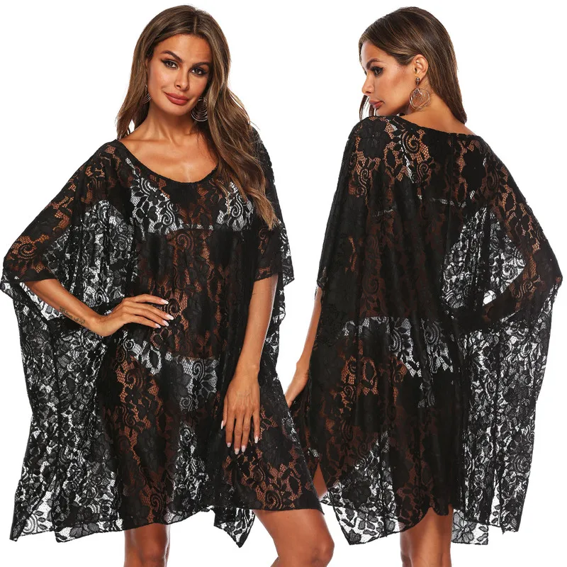 

Exit Of Bathroom Women Beach Kaftan Tunics For Summer Swimsuits Pure Lace Sexy Perspective Shirt Solid Spandex FMZXG