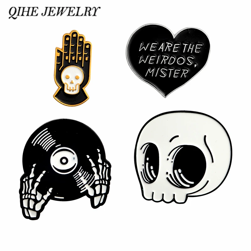 

QIHE JEWELRY Skull pin Weirods Skeleton head and hands Enamel pins Brooches Punk Gothic Jewelry Brooches for men women unisex