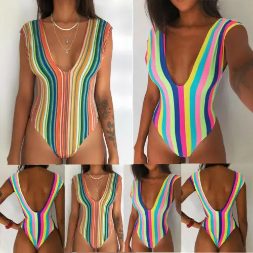 Фото 2019 New Striped Rainbow Style Women One-Piece Swimsuits Swimwear Padded Bra Bandage Plus Size Beachwear Bathing Suits | Спорт и