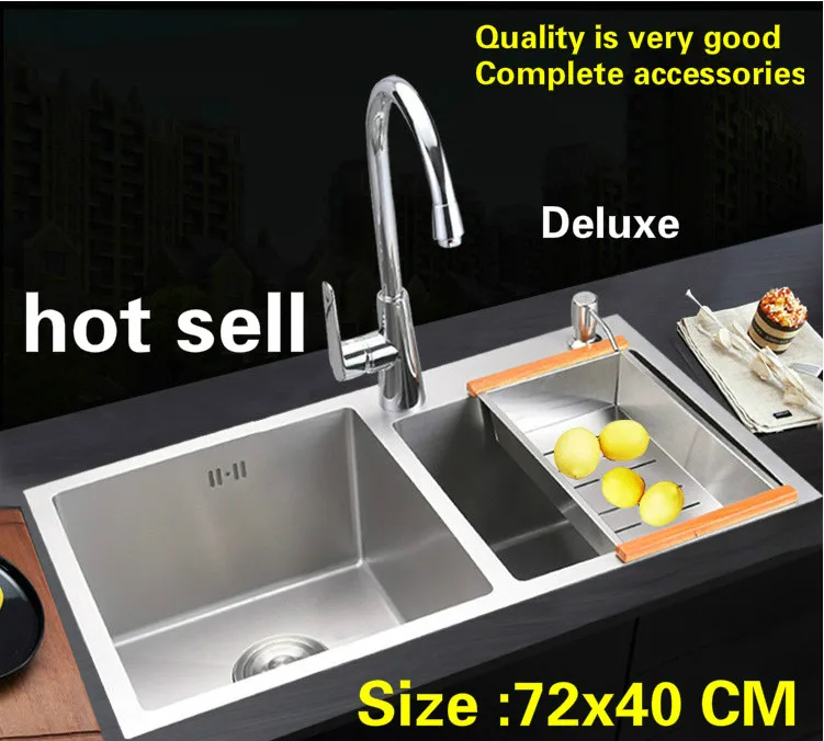 

Free shipping Apartment kitchen manual sink double groove food grade durable 304 stainless steel deluxe hot sell 72x40 CM