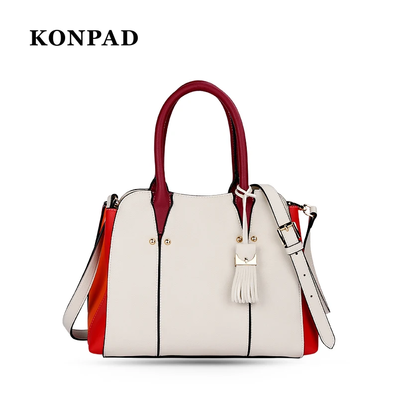 

Konpad NEW Women tassle constract color tote handbags PU leather Handbag Quality bags with long shoulder belt