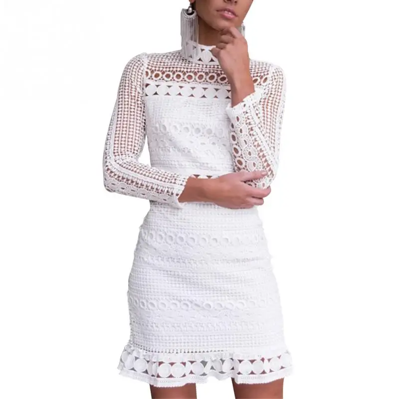 Autumn Women Fashion Dress Vintage Hollow Out Lace Ladies Falbala Hem Long Sleeve Cocktail Elegant Sexy White 2018 | Женская одежда