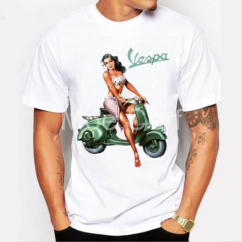 

vintage vespa glamour girl design t shirt 2018 Funny Vespa Scooter Print T-shirt Summer Short Sleeve Tees Male hipster L17-79