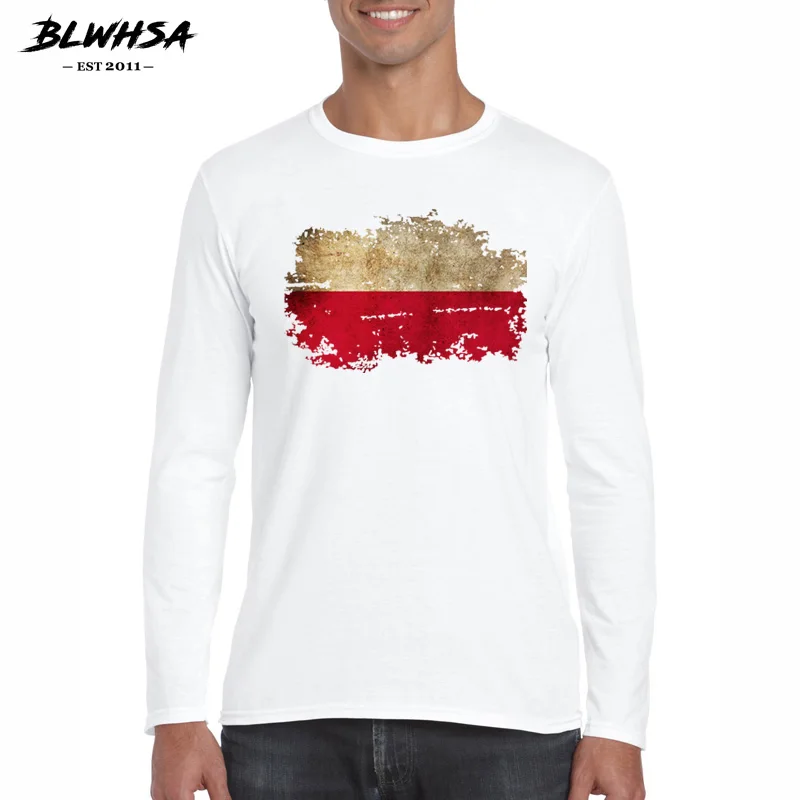 

BLWHSA Poland National Flag Nostalgic Style Long Sleeve Mens T Shirt Hip Hop Top Tee O-Neck Spring Autumn T-shirt Men