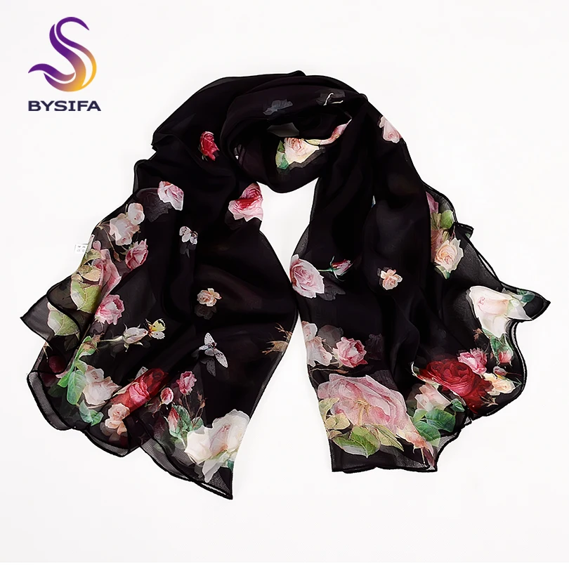 

[BYSIFA] Black Roses Silk Scarf Shawl Women Spring Autumn Floral Design Long Scarves 2018 New Brand 100% Scarf Foulard 180*110cm
