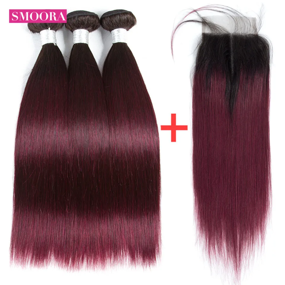 ombre straight hair 1b 99j 3bundle hair with closure middle part 1