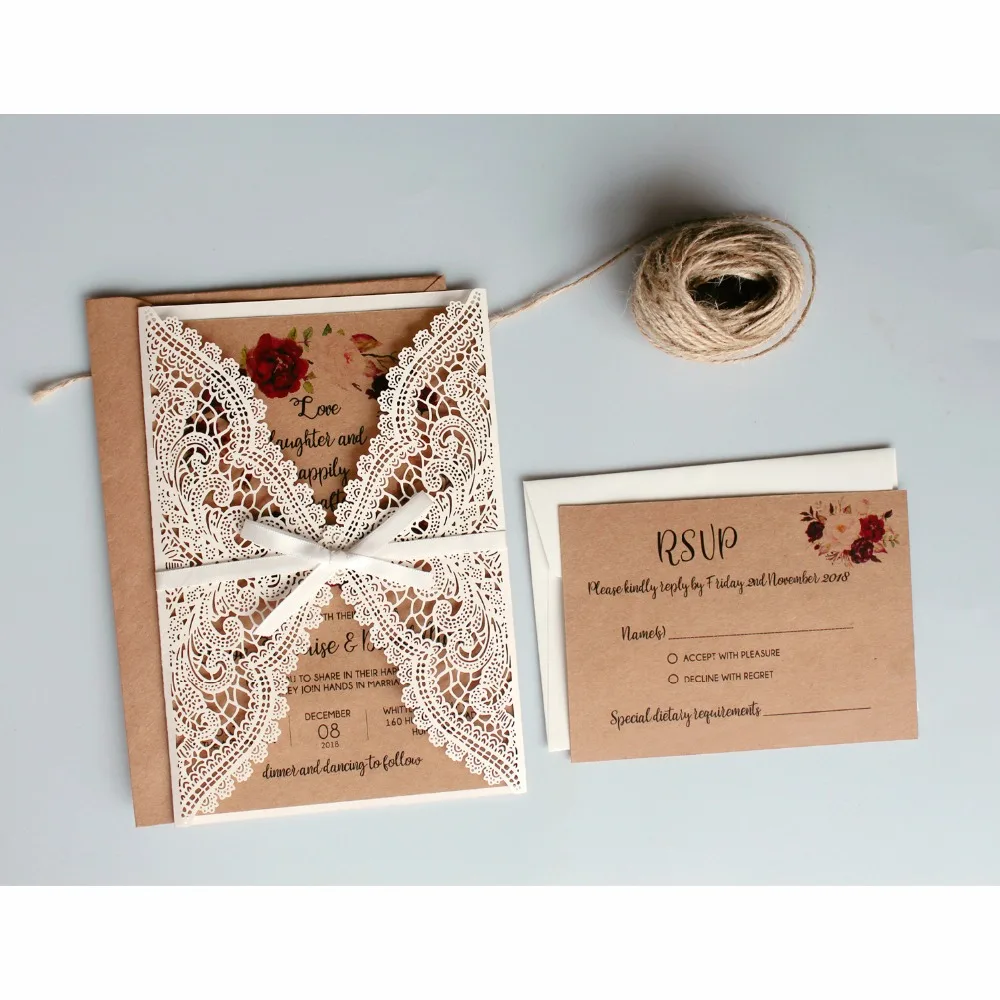 Vintage Wedding Invitations Suit, Lace Invitations, Kraft Paper Invitation Cards With RSVP - Set of 50 pcs
Vintage Wedding Invitations Suit, Lace Invitations, Kraft Paper Invitation Cards With RSVP - Set of 50 pcs