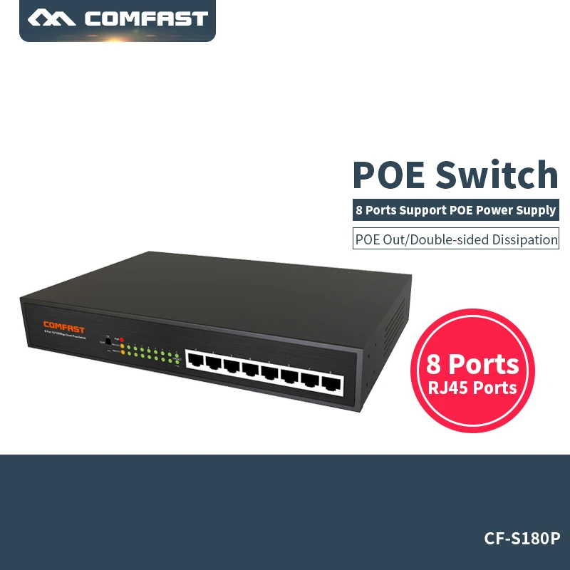 Comfast 8 Port PoE Switch 60W 802.3af 100Mbps RJ45 ports Desktop Ethernet Switch Auto-Negotiation Supports 48V Poe Supply
Comfast 8 Port PoE Switch 60W 802.3af 100Mbps RJ45 ports Desktop Ethernet Switch Auto-Negotiation Supports 48V Poe Supply
