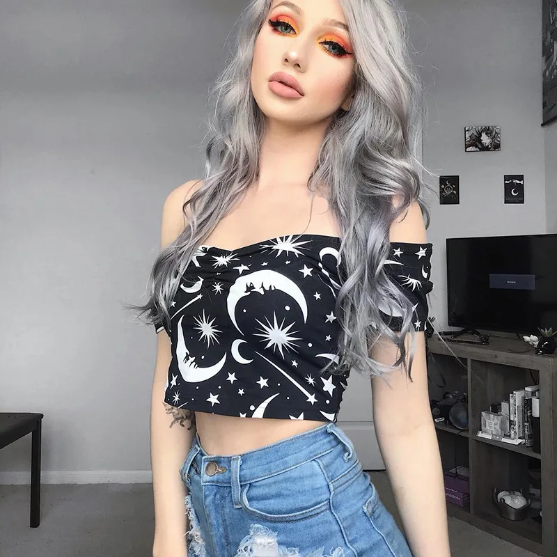 JIEZuoFang Moon Star Printed Crop Top Women Short Sleeve Crop Tops Black Gothic Punk Style Deep V-Neck Slim Casual Sexy Tee Tops
JIEZuoFang Moon Star Printed Crop Top Women Short Sleeve Crop Tops Black Gothic Punk Style Deep V-Neck Slim Casual Sexy Tee Tops