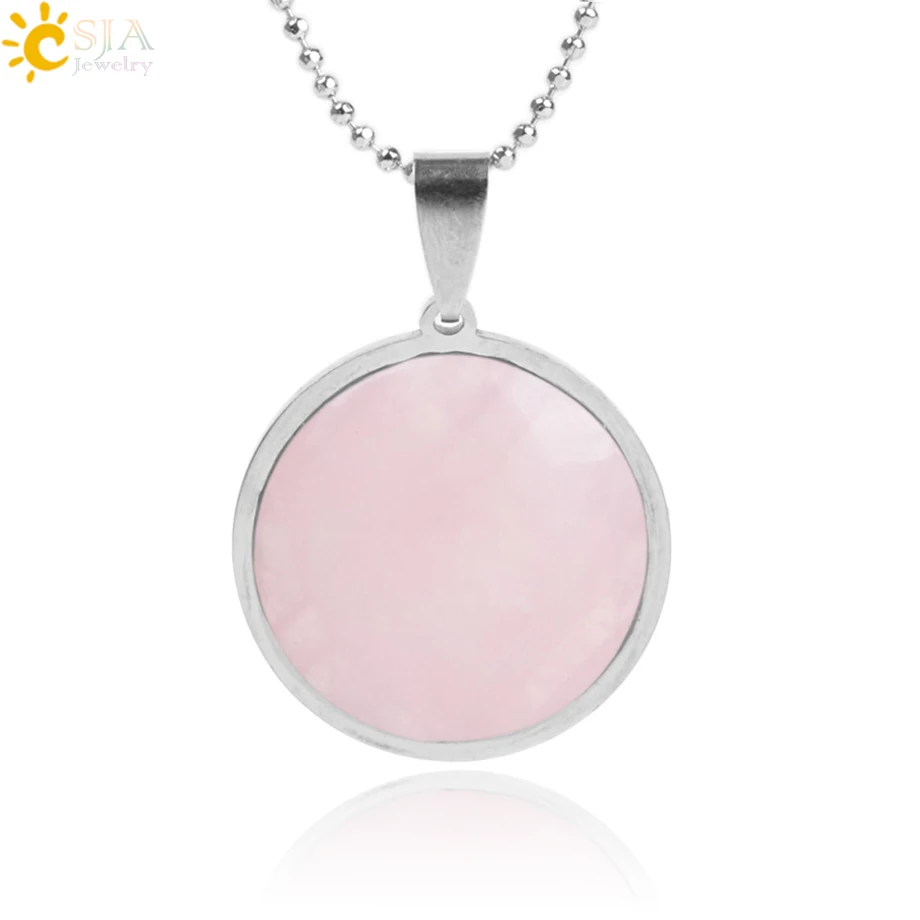 

CSJA Reiki Natural Round Necklace Pendants Gem Stone Stainless Steel Tiger Eye Pink Quartz Lapis Lazuli Opal Chakra Jewelry F004