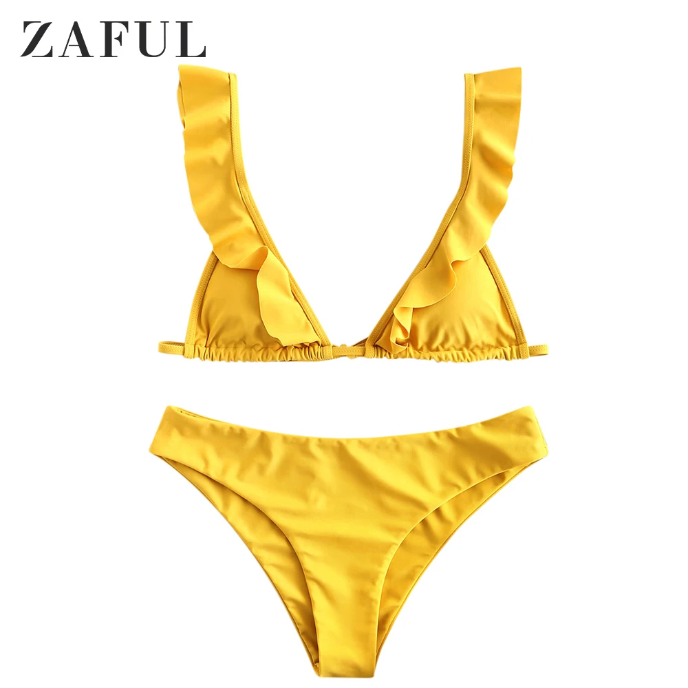 

ZAFUL Women Bikini Swimsuit Plunge Ruffled Plunging Neck Bikini Set Low Waisted Lady Sexy Swimwear Summer Beach Bathing Suit