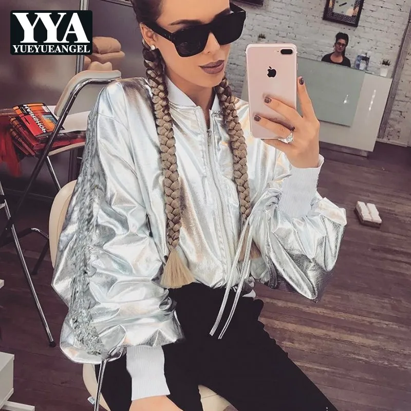 Womens Spring Autumn Jacket Silver Short Pu Coat Fashion Lace Drawstring Loose Fit Bomber Jacket Casual Zipper Outwear Female
Womens Spring Autumn Jacket Silver Short Pu Coat Fashion Lace Drawstring Loose Fit Bomber Jacket Casual Zipper Outwear Female