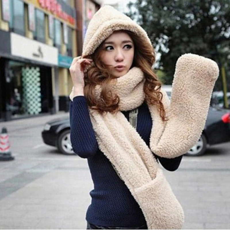 3 Piece Sets Women Winter Warm Soft Hood Scarf Snood Pocket Hats Gloves Fashion Hooded Srarves Hat Glove |