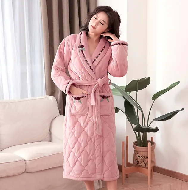 Pink Flannel Quilted Women Bathrobe Robes Autumn Winter Thick Warm Long