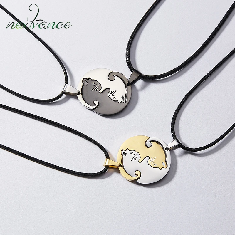 Chic Stainless Steel Heart Love Cat Animals Pendant Necklace Friendship Couple