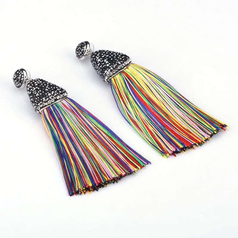 Bohemia Boho Multi Colorful Silk Chunky Thick Tassel with Black Rhinestone Cap Connector Studs Dangle Tassel Earrings For Women
Bohemia Boho Multi Colorful Silk Chunky Thick Tassel with Black Rhinestone Cap Connector Studs Dangle Tassel Earrings For Women