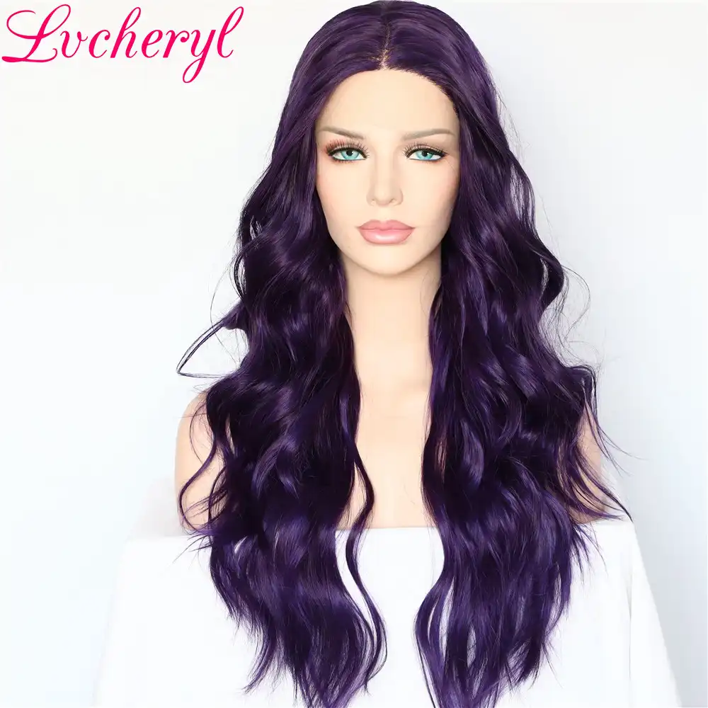 Lvcheryl Long Dark Purple Natural Wave Hair Wigs Heat Resistant
