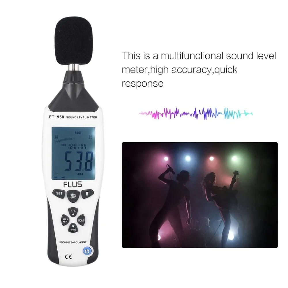 FLUS ET-958 Digital Sound Level Meter Noise Tester Decibel Logger Measurement Audio Detector Volume Monitor 30-130dB Handheld 
FLUS ET-958 Digital Sound Level Meter Noise Tester Decibel Logger Measurement Audio Detector Volume Monitor 30-130dB Handheld
