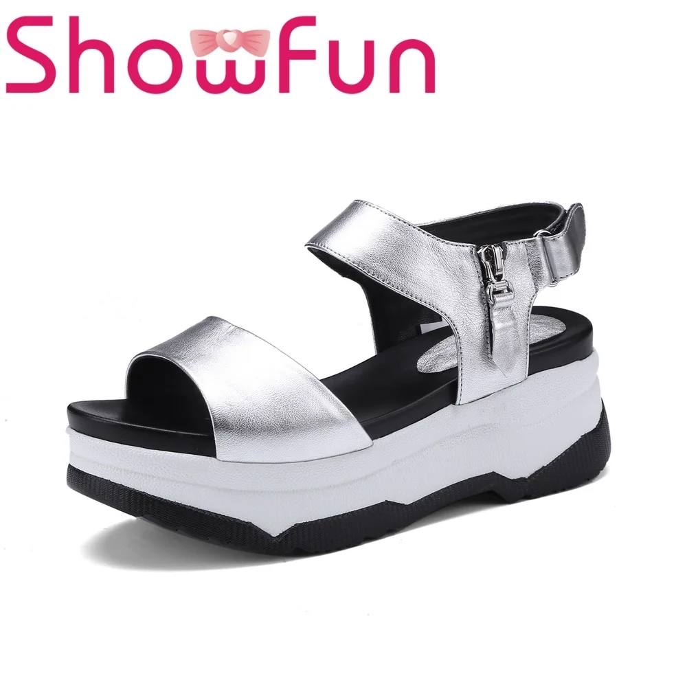 Showfun genuine leather casual concise solid hook&loop zipper front&rear strap wedges platform sandals woman shoes 
Showfun genuine leather casual concise solid hook&loop zipper front&rear strap wedges platform sandals woman shoes