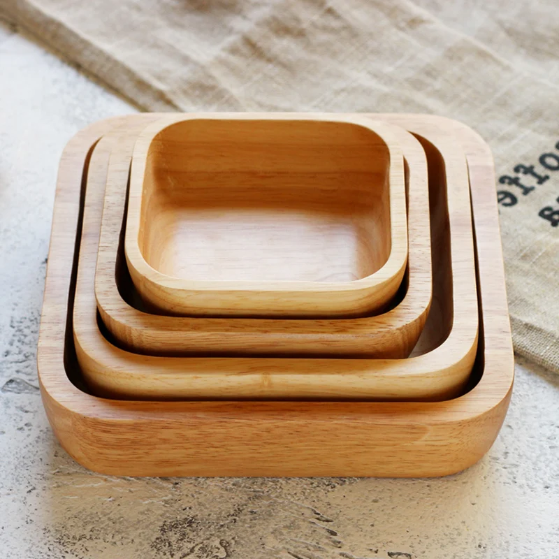 Square Wood Bowl 4 Sizes Salad Bowl Set Large Small Wooden Plate Snack Dessert Serving Dishes Food Container Wooden Tableware (3)