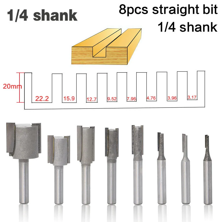 8pcs/set 6.35mm 1/4" Shank Straight/Dado Wood Router Bi Tungsten 2 Flute Flat End Miils Cutters For Wood Woodworking Tools
8pcs/set 6.35mm 1/4" Shank Straight/Dado Wood Router Bi Tungsten 2 Flute Flat End Miils Cutters For Wood Woodworking Tools