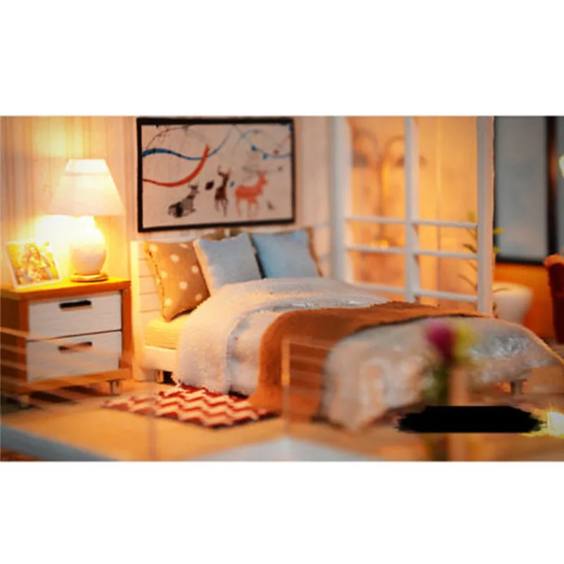 Dollhouse Wooden Doll House Furniture LED Kit Loft Apartments Miniature Gift