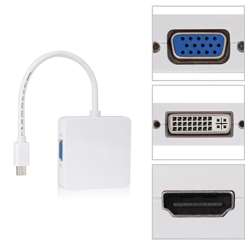 Mayitr 1pc 3 in 1 Mini DP Display Port Thunderbolt to DVI VGA HDMI Adapter Converter 1080p for MacBook Pro Imac