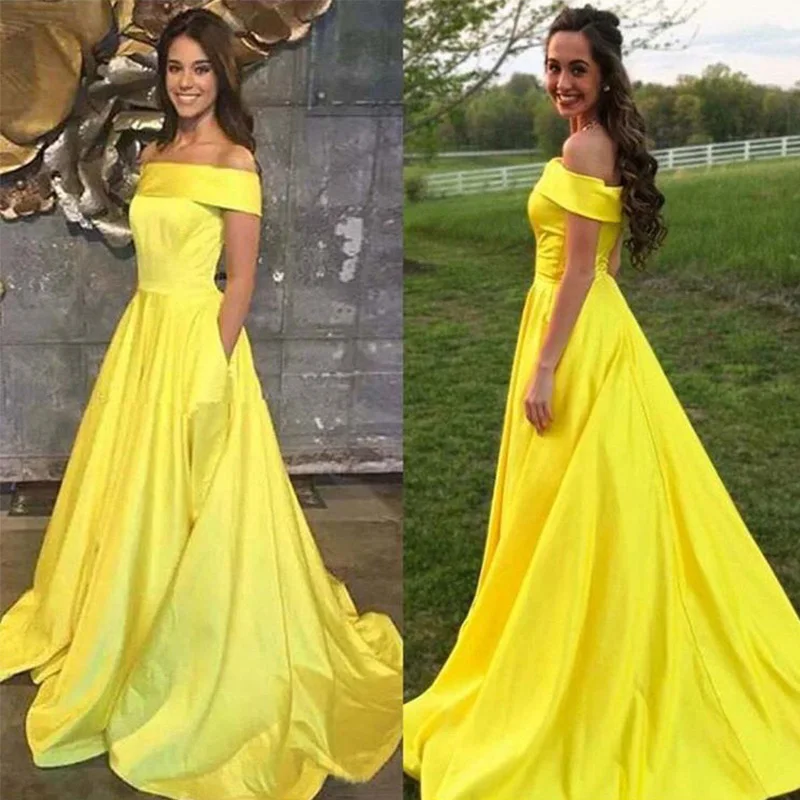 Off The Shoulder Prom Dresses With Pocket A-line Vestido De Noite Yellow Satin Elegant Long Prom Gowns Simple Formal Party Dress
Off The Shoulder Prom Dresses With Pocket A-line Vestido De Noite Yellow Satin Elegant Long Prom Gowns Simple Formal Party Dress