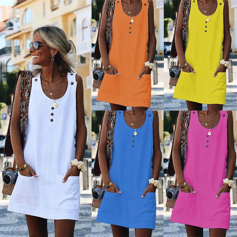 Summer O Neck Button Dress Women Sleeveless Cotton Linen Casual Dresses with Pockets Plus Size Solid Color Loose Dress
Summer O Neck Button Dress Women Sleeveless Cotton Linen Casual Dresses with Pockets Plus Size Solid Color Loose Dress