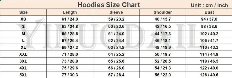 Pullover Hoodie Size Chart