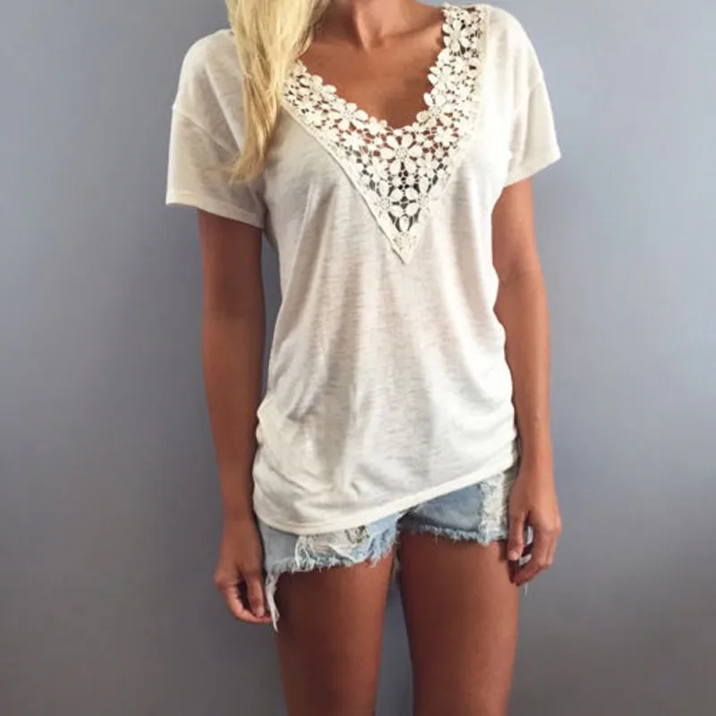 Summer Women Solid Loose Tees Lace Hollow Out V-neck T-shirts Casual Short Sleeve Tops Plus Size S-5X
Summer Women Solid Loose Tees Lace Hollow Out V-neck T-shirts Casual Short Sleeve Tops Plus Size S-5X