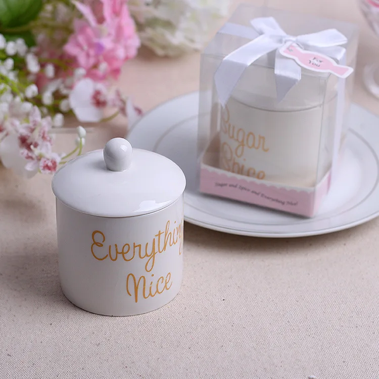 Image 50Pcs Wholesale Free Shipping 2015 Ceramic Baby Shower Gifts And Favors Sugar Bowl Unique Wedding Party Favor+Gift Box Ribbon