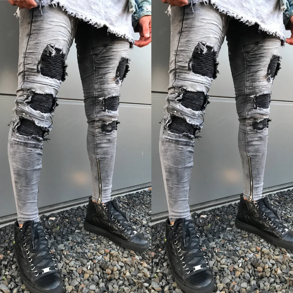 Men/'s Stretchy Ripped Skinny Biker Jeans Destroyed Tapered Slim Fit Denim Pants